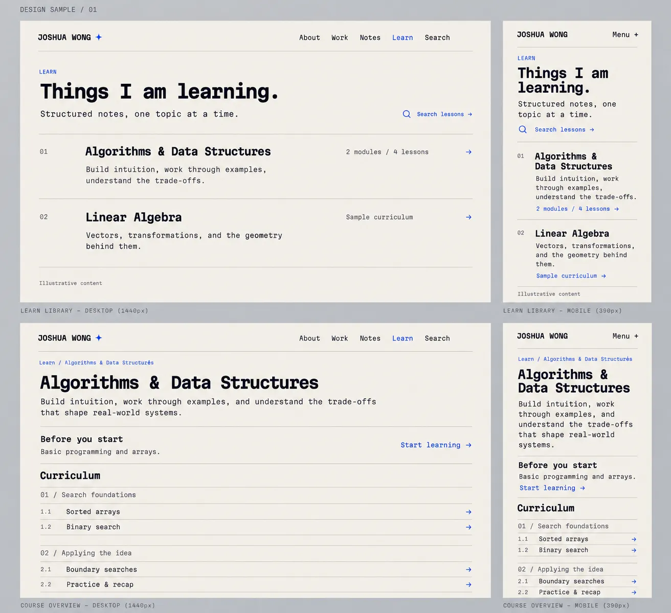 Approved desktop and phone layouts: simple course rows, prerequisites, and an ordered curriculum.