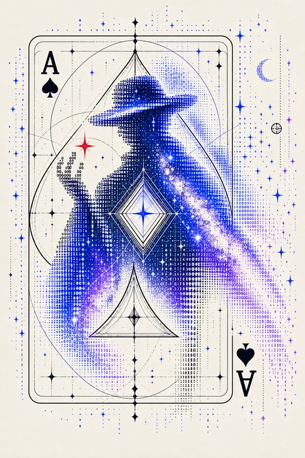 A faceless magician made from cobalt and violet ASCII characters inside an ivory spade card, with a small red star.